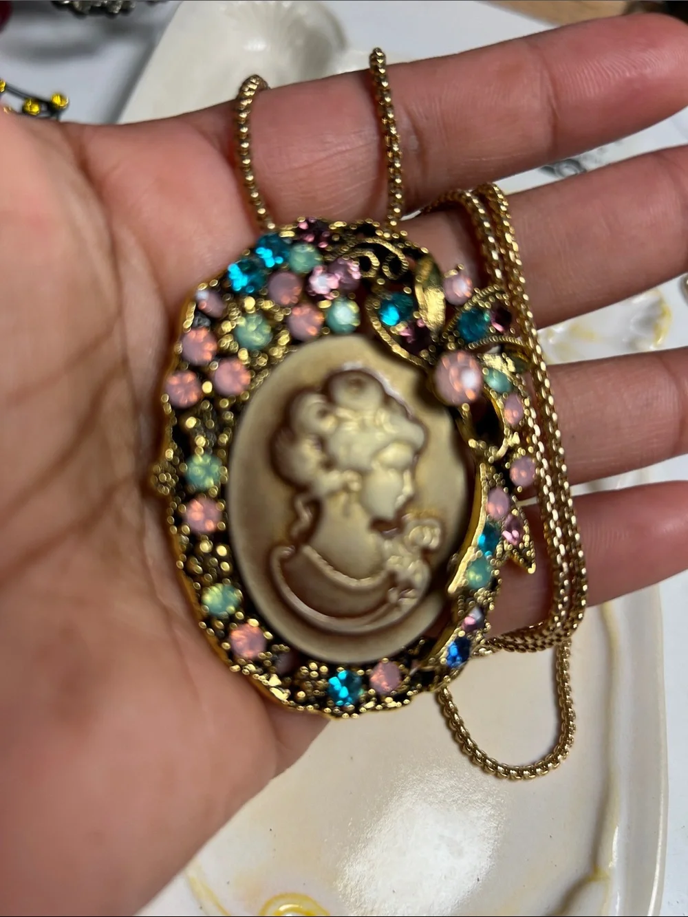 Vintage-Style Gold Cameo Brooch with Pink, Teal & Purple Crystals